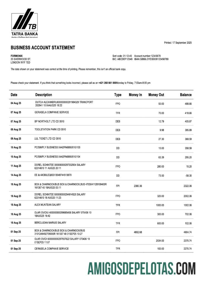 Em branco Eslovaco Tatra Firm modelo de extrato de conta Word e PDF